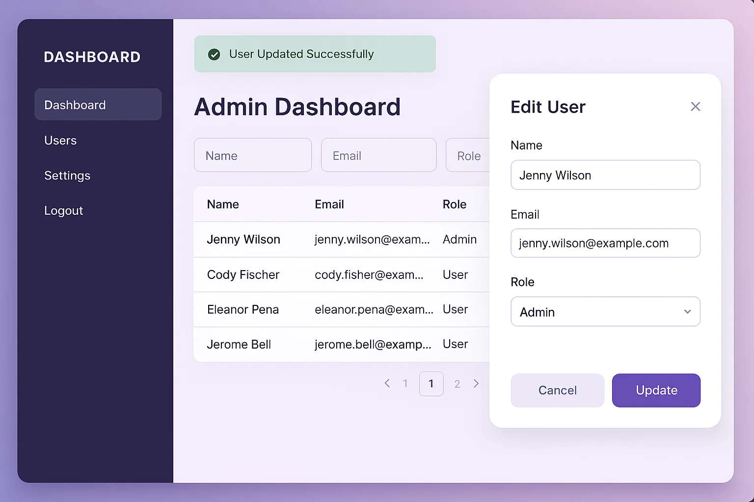 Admin Dashboard with Data Tables, Filters, and CRUD Operations (Using JavaScript)